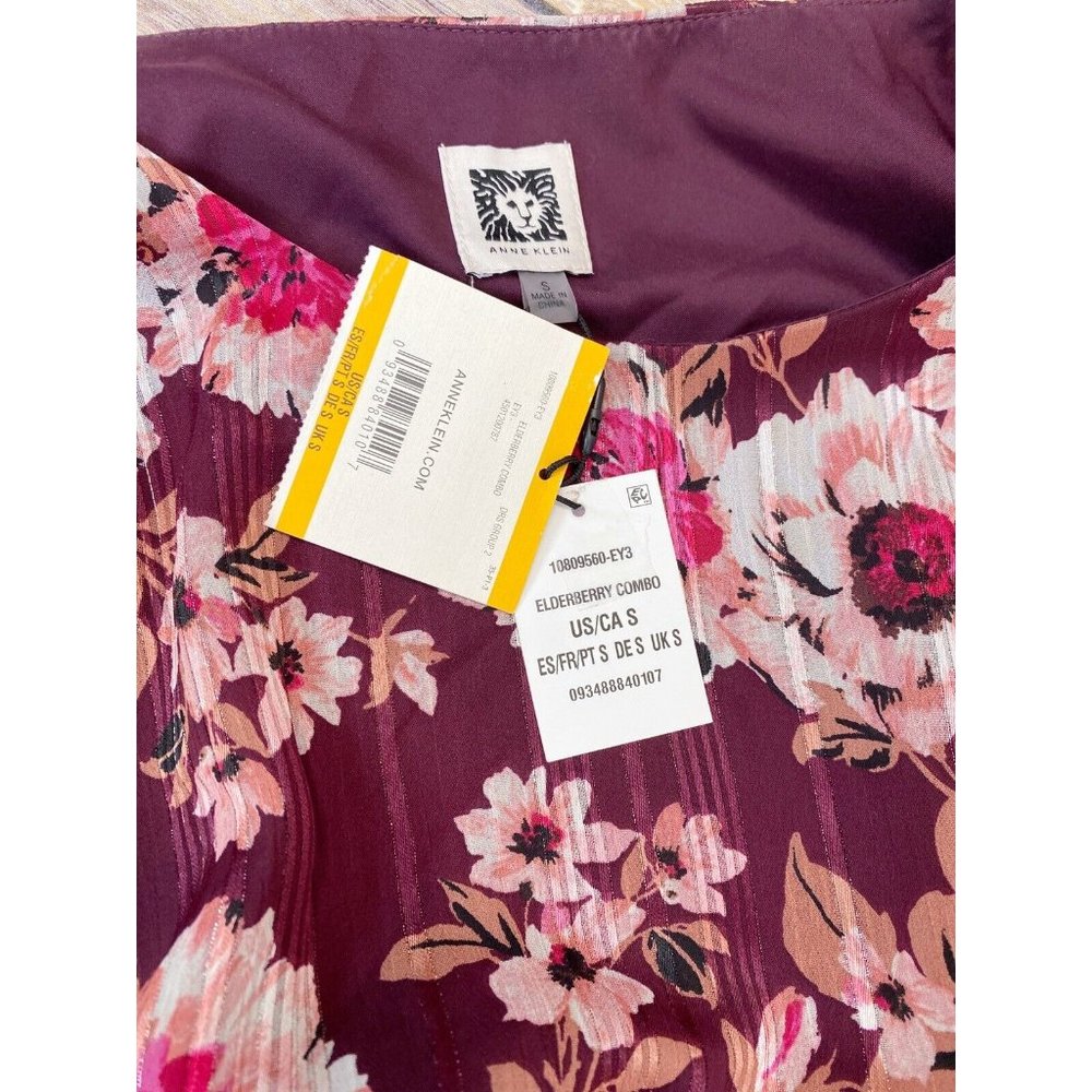 Anne Klein Floral Print Elastic Waist Dress Elderberry Combo S - Picture 6 of 6